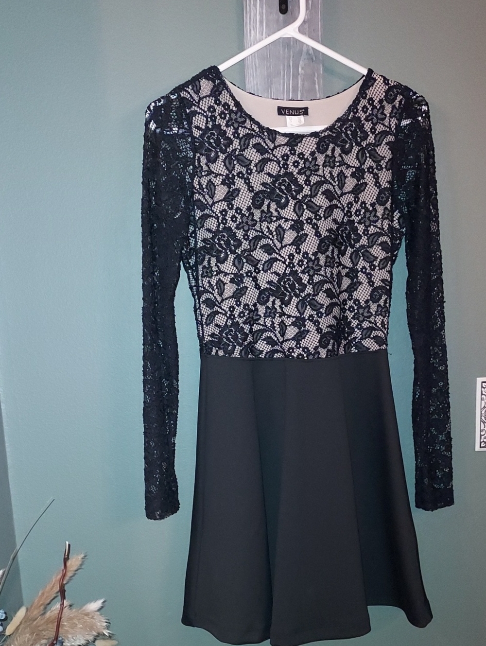 VENUS Black Lace Overlay Long Sleeve Fit-and-Flare Dress